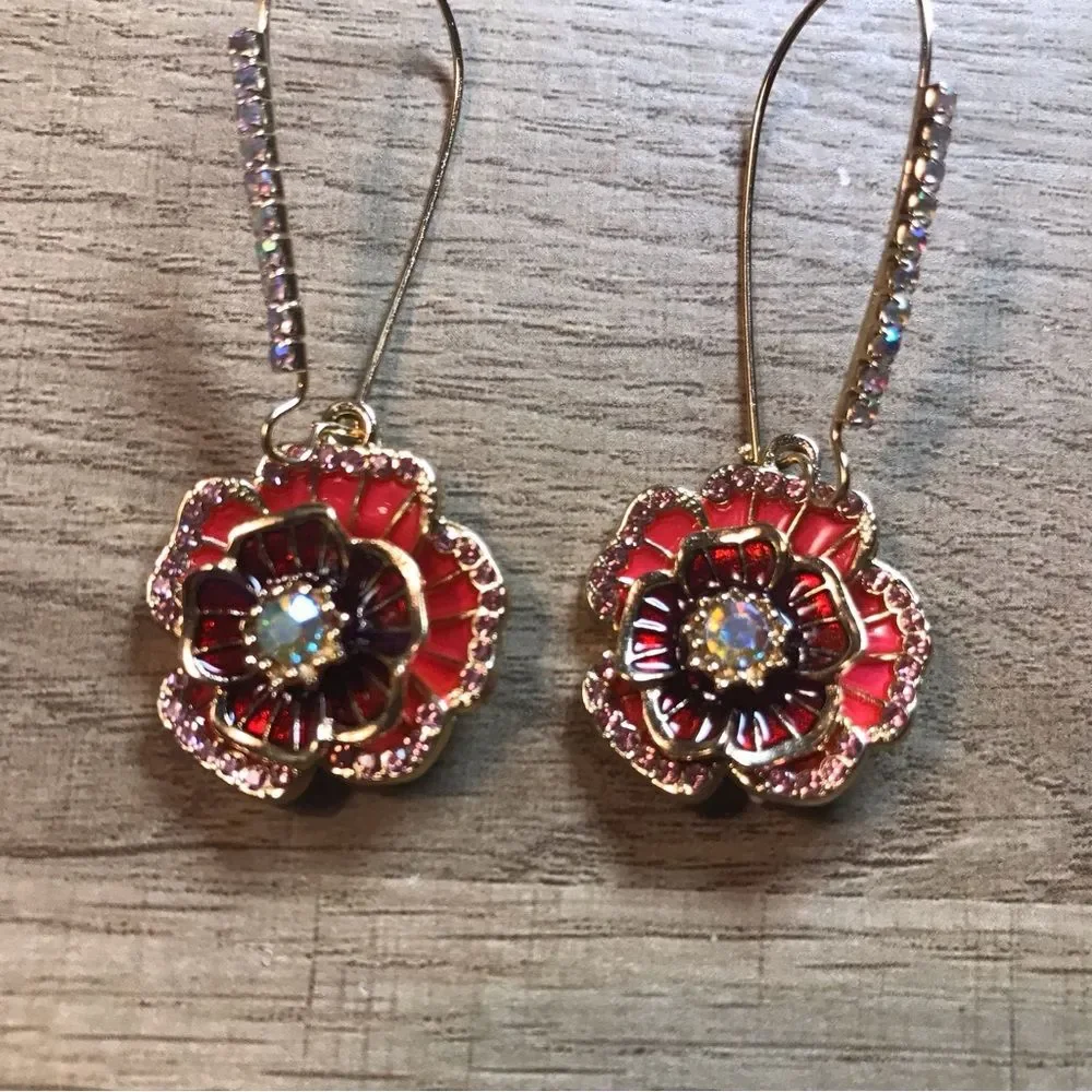 Betsy Johnson Red Rhinestones Enamel Gold  Flower  Colorful Drop Earrings